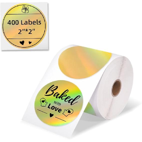 Термоэтикетка Memoking 2” Голографическая серебристая круглая, Самоклеящаяся круглая этикетка, Круглая термоэтикетка для прямой печати для дизайна логотипа, Имя/Цена золотой