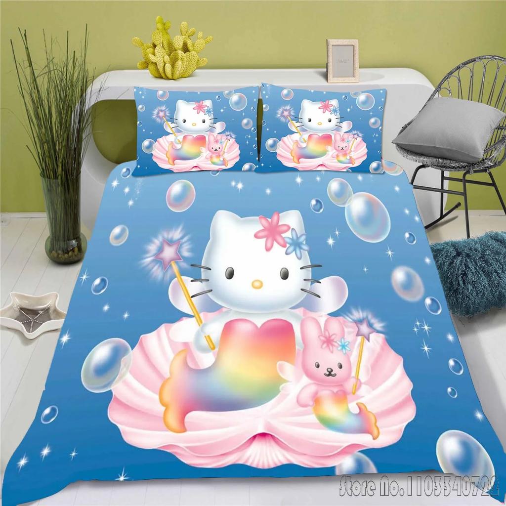 Set de Lenjerie de Pat Anime Hello Kitty Husa de Plapumă 100% Poliester Potrivit Pentru Copii Și Adulți Set de 3 Piese 1 Husa de Plapumă