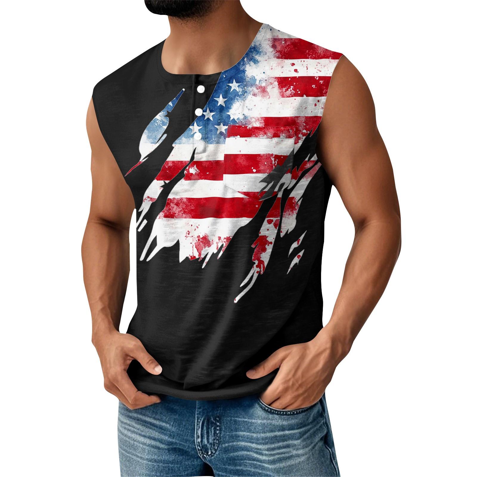 

Мужская летняя майка без рукавов с принтом ко Дню независимости, спортивная, на пуговицах, с карманом M синий