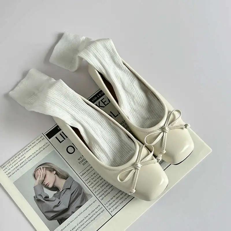 Silver Ballet Flats Women's Spring New Butterfly Knot Slip-On Shoes Round Toe Rubber Bottom Simple Style Casual Loafers