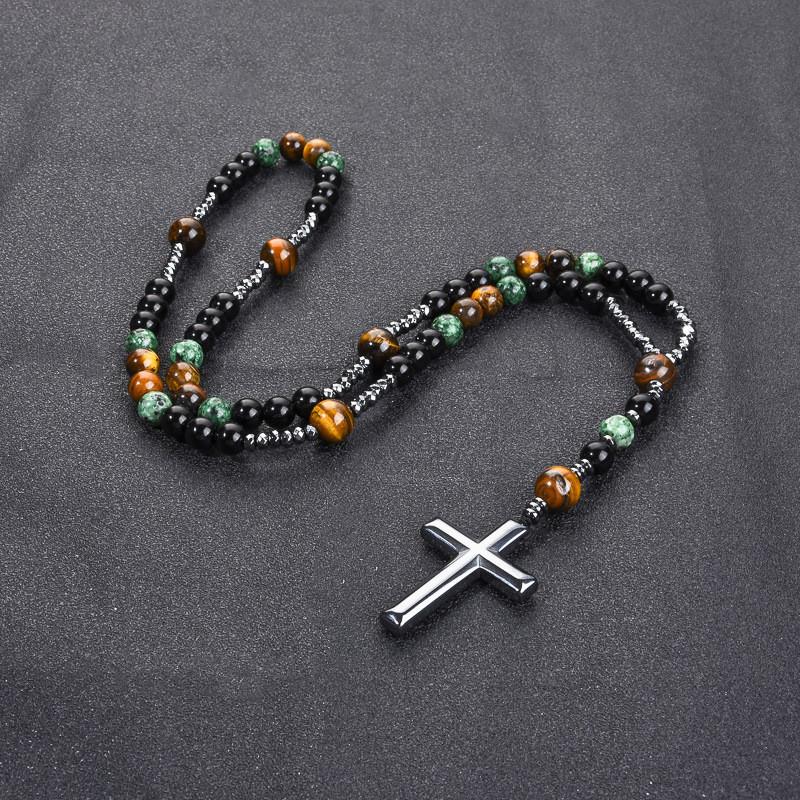 Geometric Black Obsidian Cross Necklace For Men And Women With Beaded Chain Fashion Accessory