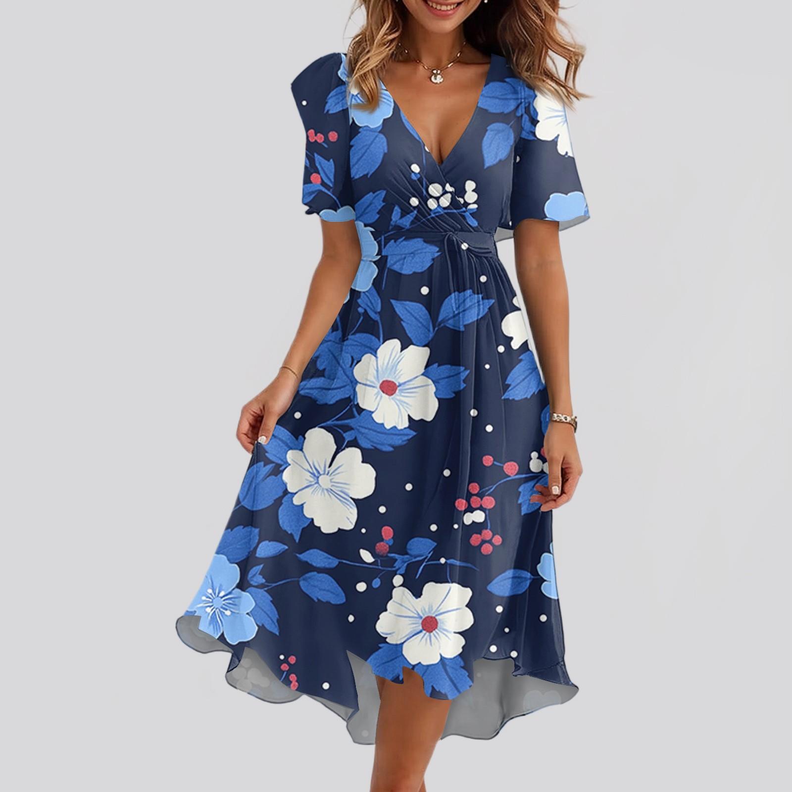 

Женское свободное повседневное платье с V-образным вырезом, расклешенная юбка, короткие рукава, напечатанное платье с принтом XL