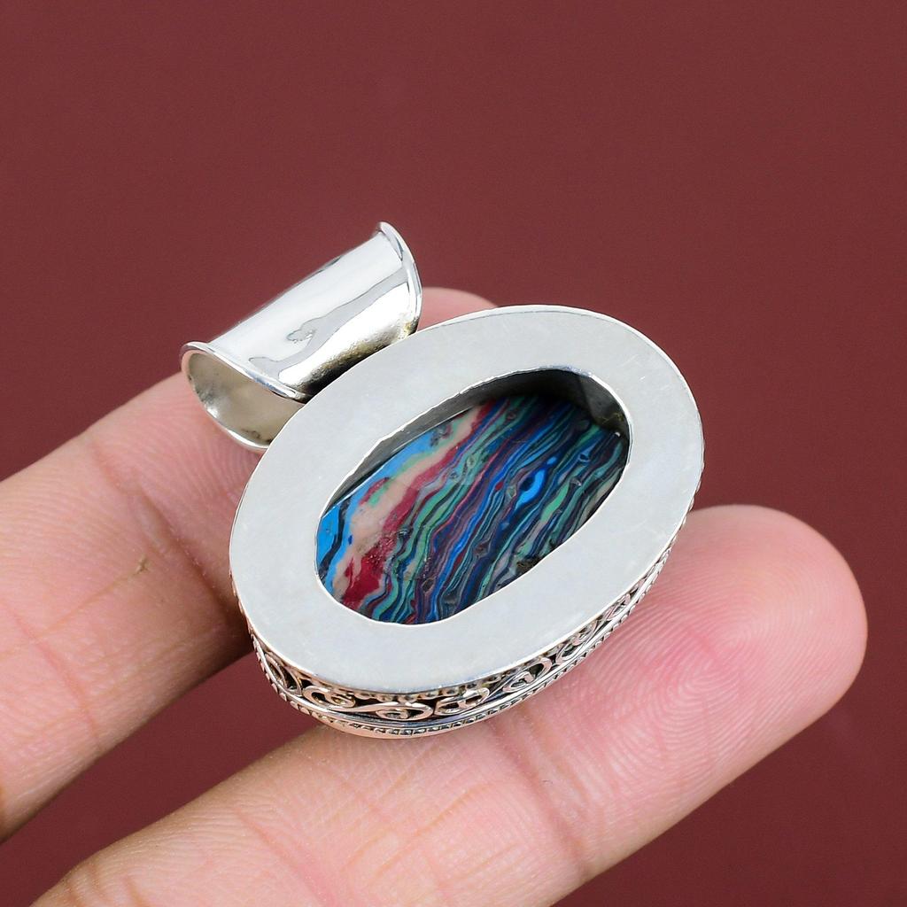 Rainbow Calsilica Pendant Real Gemstone Pendant 925 Sterling Silver Pendant Rainbow Calsilica Jewelry Handmade Vintage Pendant Gifts For Mom