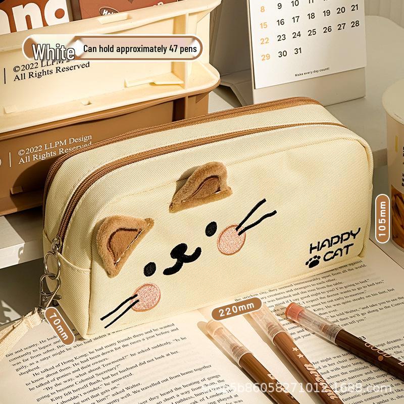 Adorable Cat Embroidered Large-Capacity Stationery Pencil Case for Girl Students