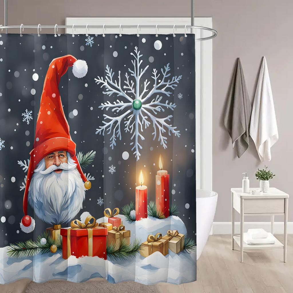 1 Piece of Red Hat Santa Claus Print with Plastic Hook Shower Curtain, Winter Christmas Bathroom Partition Curtain