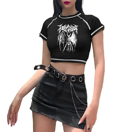 Women T-shirt Round Neck Short Sleeve Printing Cropped Tops Navel Exposed Tops Soft Breathable Tee Shirt