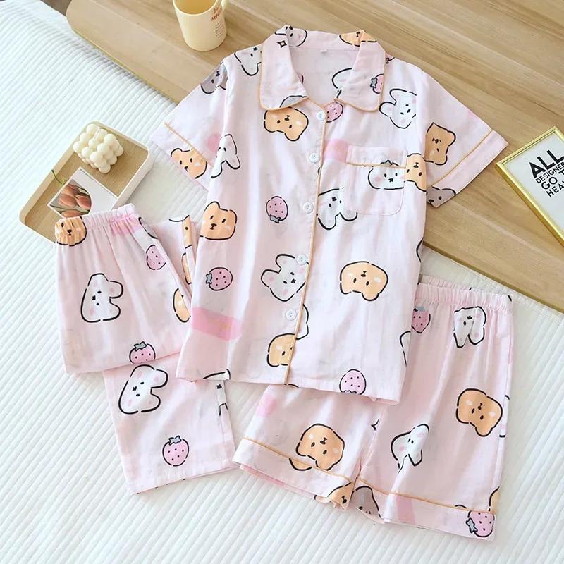 

Комплект из трех предметов японской пижамы для женщин на весну, лето и осень 100% хлопковая марля шорты с короткими рукавами и брюки летний костюм L