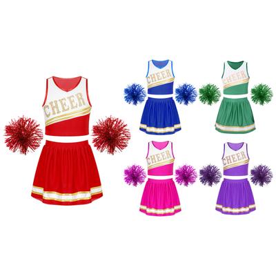 Kids Girls Cheerleading Costume Sleeveless Cropped Tops with Skirt Flower Ball Set
