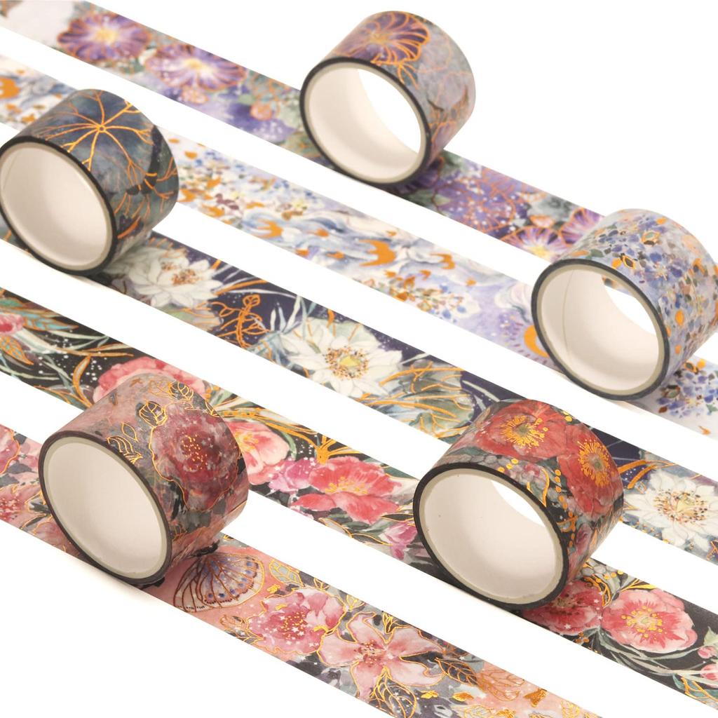YUBBAEX Full Bloom Flower Masking Luxurious Gold Foil 25mm Wide X 5 Perfect for Gift DIY and Notebook Decorations Tape, Stamp, Rolls, Thin, Wrapping,