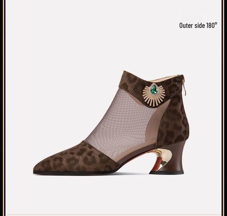 2025 Elegantní síťované boty a sandály s kamínky se špičatou špičkou a středním podpatkem pro ženy v nadměrných velikostech