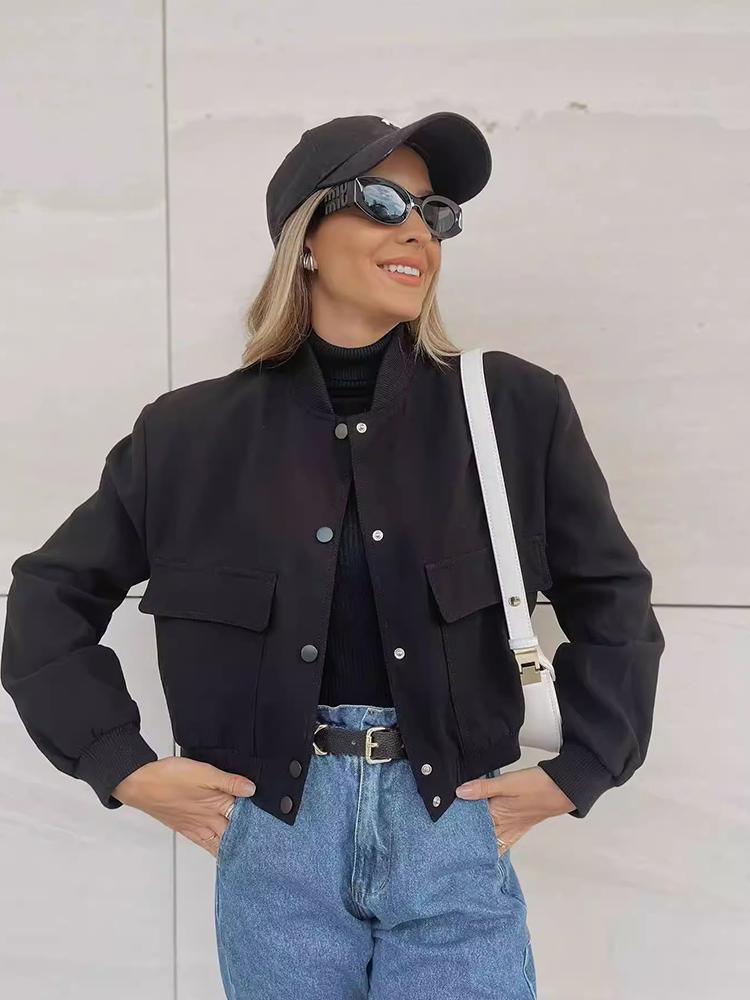 Women Fashion With Pockets Bomber Jacket Coats Vintage Long Sleeve Front Button Casual Female Outerwear Chic Tops