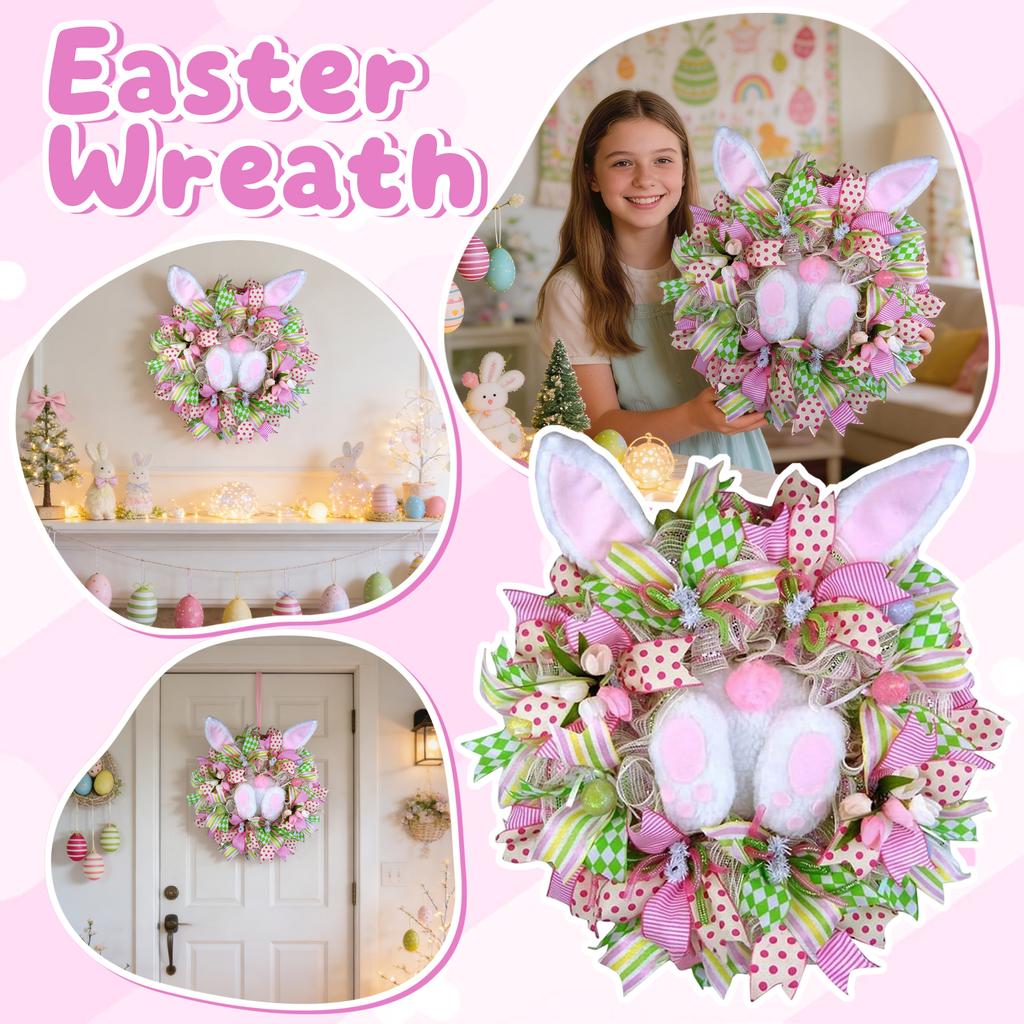35cm Easter Wreath Fabric Bunny Door Hanging Wreath Linen Bow Door Decoration