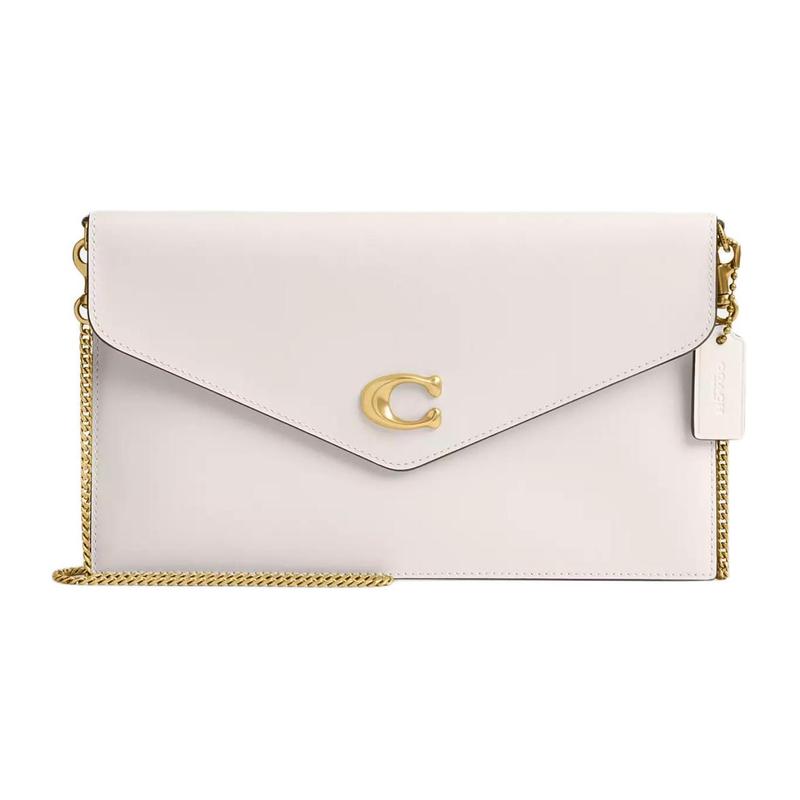 COACH Essential 27 Logo Chain Shoulder Strap Calfskin Shoulder Crossbody Clutch Large Women s Brass and Chalk жёлтый