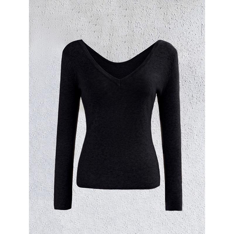 New Reversible V-Neck Long Sleeve Knitted Top Solid Color Round Neck Wool Blend Pullover Sweater Base Shirt