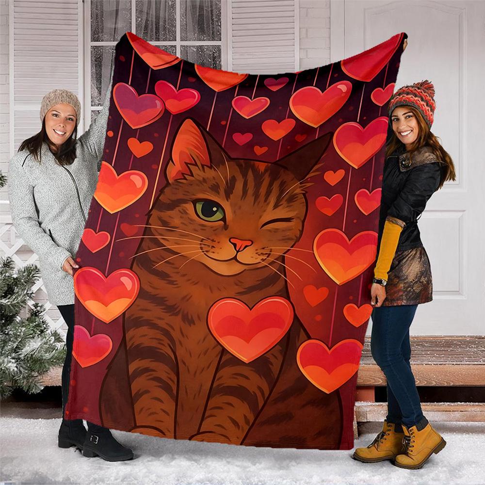 1pc Heart Cat Print Outdoor Flannel Blanket , Machine Washable Perfect Gift for Birthday , Holiday Travel Accessory , Durable Material