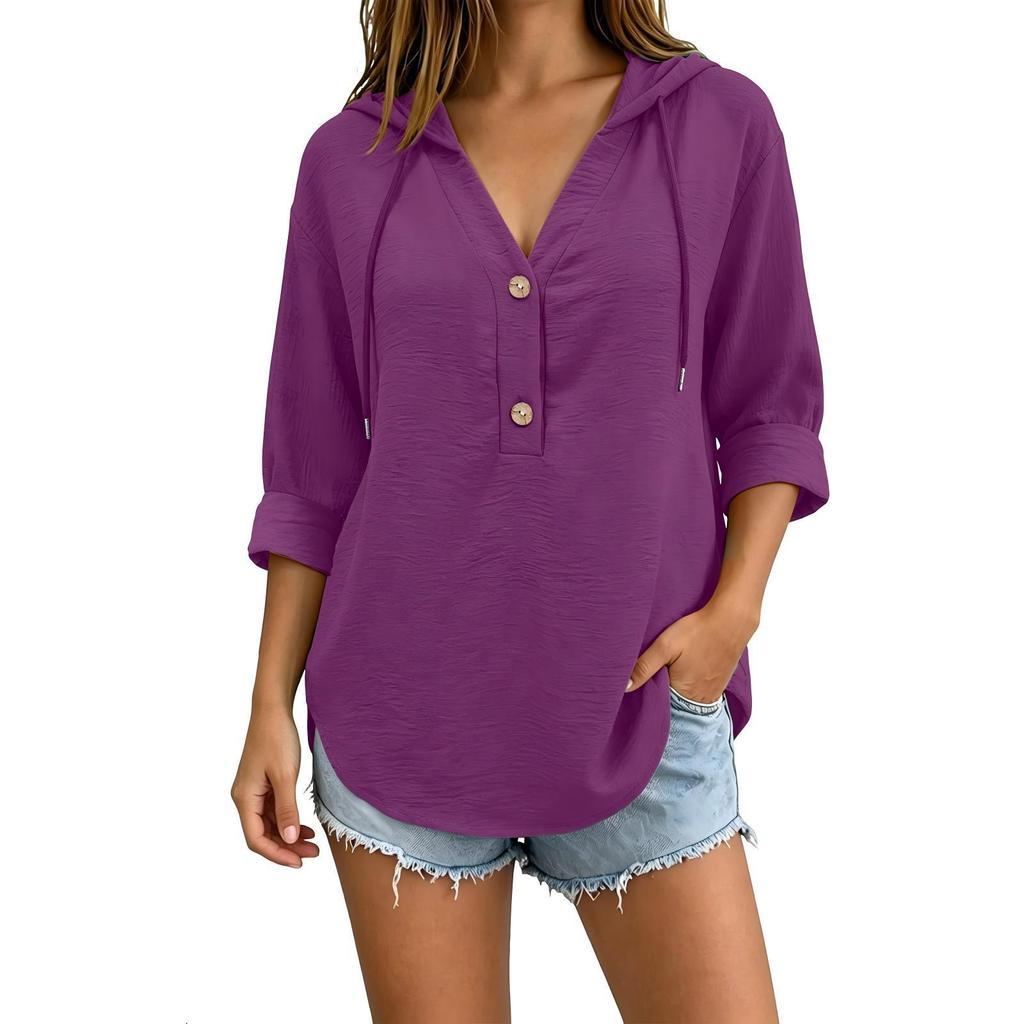 Women's Casual Color Hooded V-Neck Long Sleeve Button Front Shirt Top for Everyday Wear
