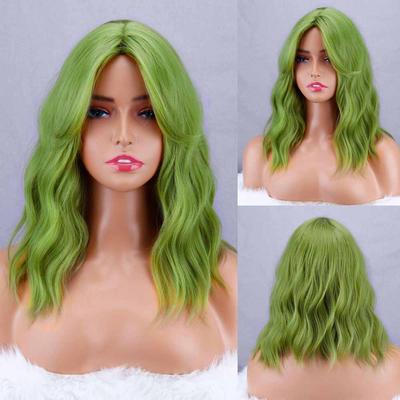 Green Short Wavy Wig with Natural Bangs Synthetic Fiber Shoulder Length Green Black Brown Daily Wear Wig