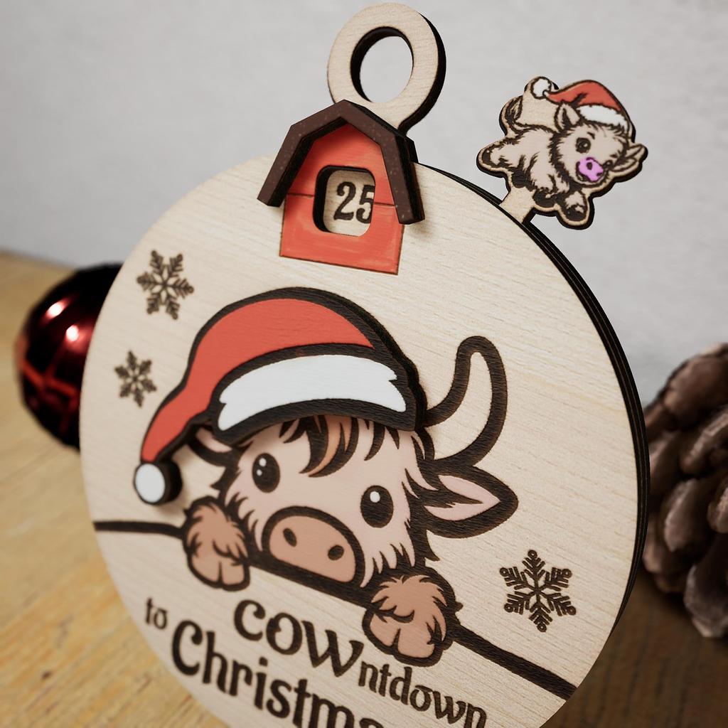Cow-Themed Christmas Countdown Sign Cartoon Wooden Holiday Countdown Decor