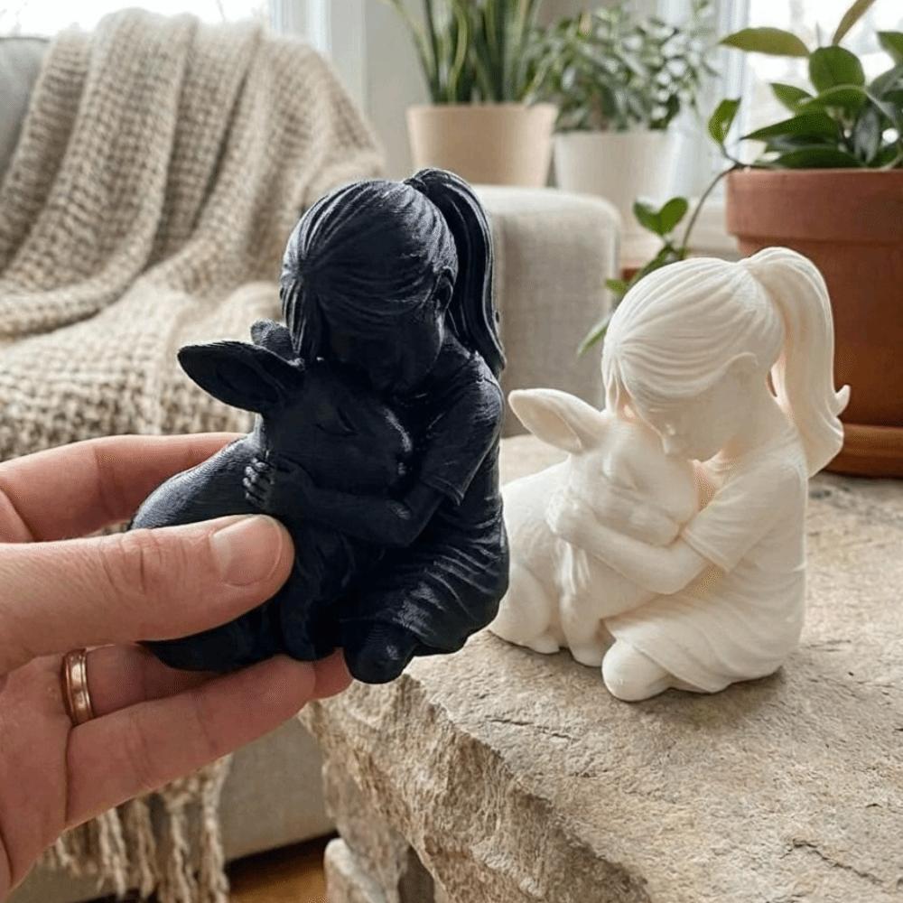 3D Printed Girl and Rabbit Sculpture Unique Modern Girl Hugs Rabbit Statue Cute Plastic Bunny Ornaments Crafts Desktop Use