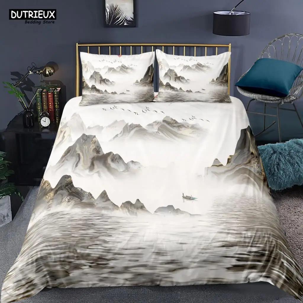Chinese Style Landscape Bedding Set Plum Blossom Duvet Cover Sets With Pillowcase Duvet Cover Comforter Sets