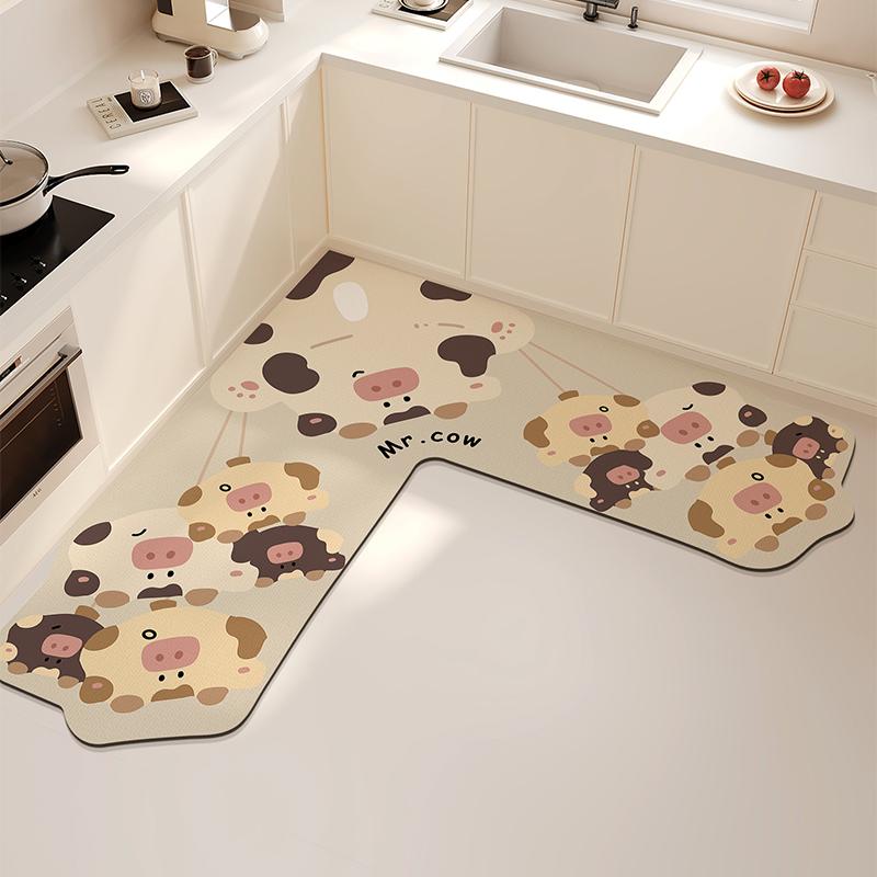 L-shaped Kitchen Carpet Cute Cartoon Diatom Mud Floor Mat Creative Water-absorbing Corner Bathroom Mats Non-slip Washable Rug IG