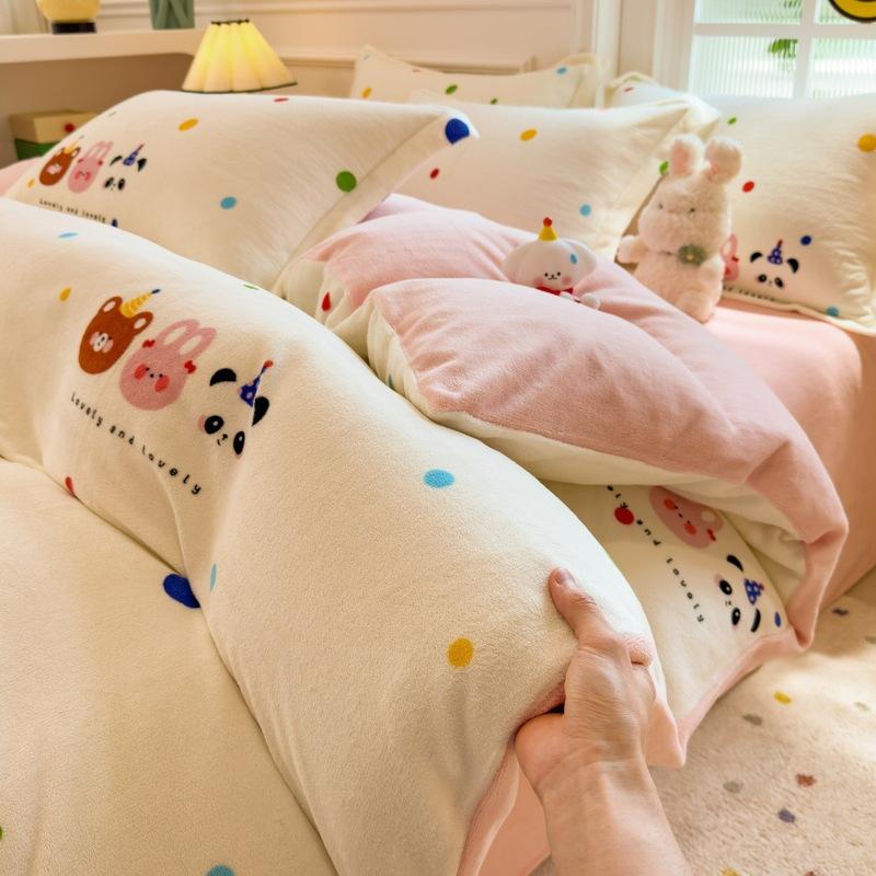 Thickened Milk Fleece Four-Piece Set Double-Sided Fleece Quilt Cover Coral Flannel Bed Sheet Quilt Cover Three-Piece Set Of Bed Hat