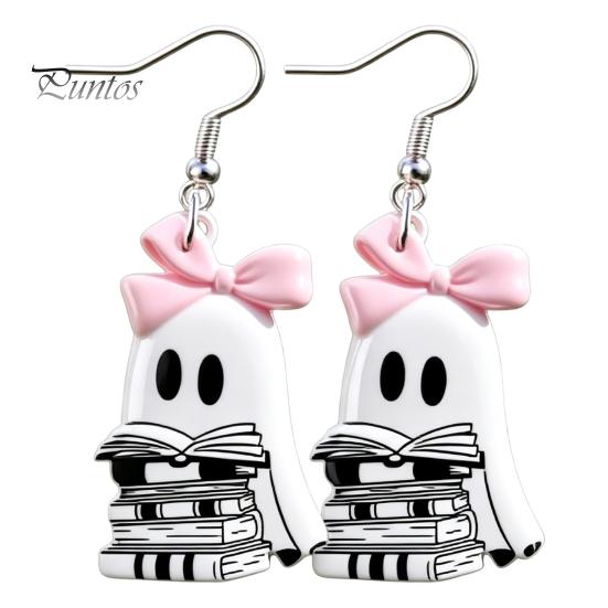 Cute Halloween Jewelry Reading Ghost Earrings, Sweet Bowknot Drop Lightweight Acrylic Earrings for Women Girls