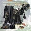 Elegant Print Flower Pajamas 5 Piece Set Women Casual Kimono Bathrobe Gown Sexy Silky Rayon Nightgown Loose Home Clothes