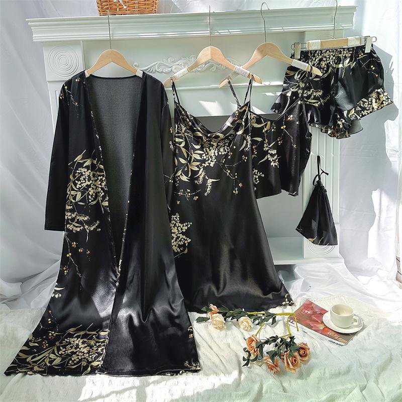 Elegant Print Flower Pajamas 5 Piece Set Women Casual Kimono Bathrobe Gown Sexy Silky Rayon Nightgown Loose Home Clothes
