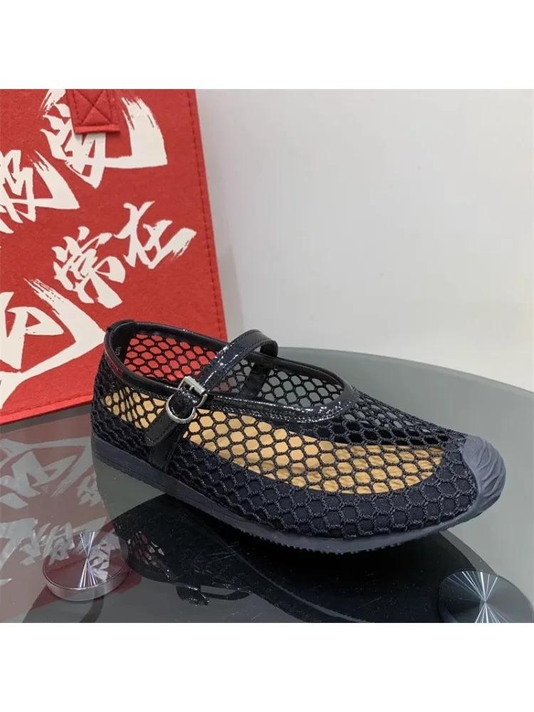 Fashion 2025 Summer Hollowed-out Mesh Ballet Single Shoe Women's Soft-soled One-shoulder Flat Heel Breathable Mary Jane Sandals
