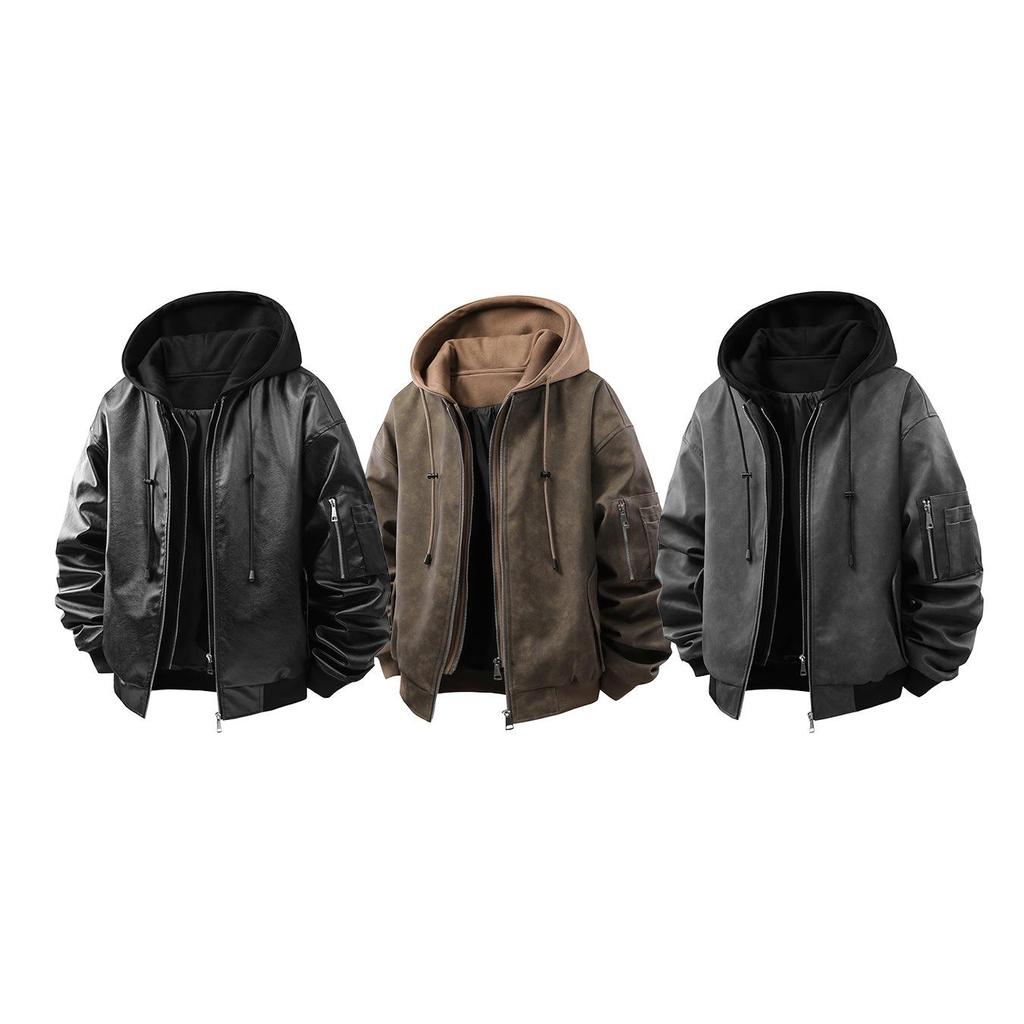 Men's Retro Faux Leather Two-Piece Bomber Jacket - Autumn/Winter Trendy Loose Fit Outerwear