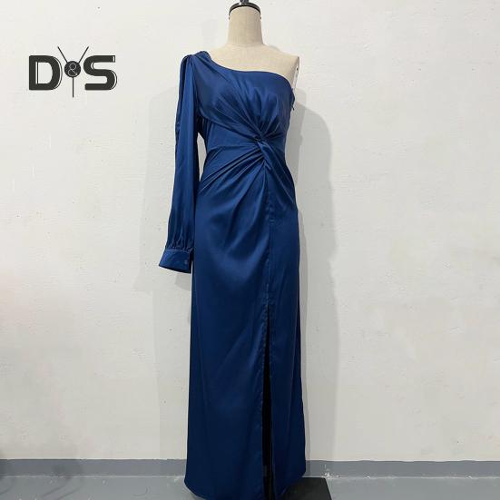 Dámské večerní šaty s jedním ramenem, s jedním otevřeným rukávem, rozděleným lemem, jednobarevný, tenký pas, plisovaný uzel, dekor, jednobarevný, ples, koktejl, párty, maxi šaty