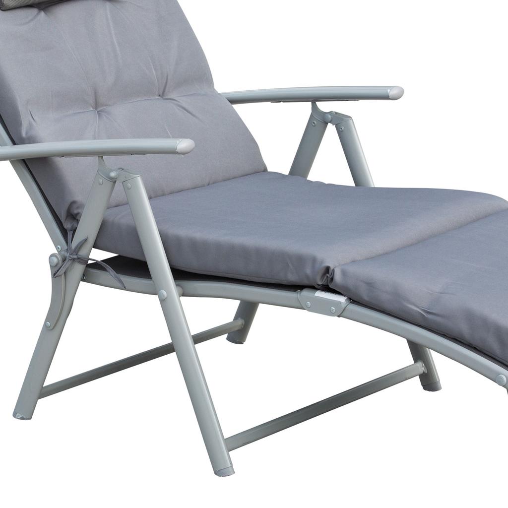 Patio Sun Lounger Garden Textilene Foldable Reclining Chair Adjustable Recliner with Cushion Pillow - Grey