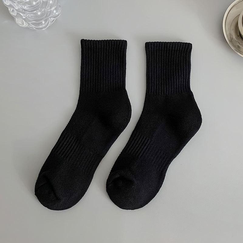 Unisex Black Terry Cotton Mid-Length Thick Warm Sports Socks for Autumn & Winter
