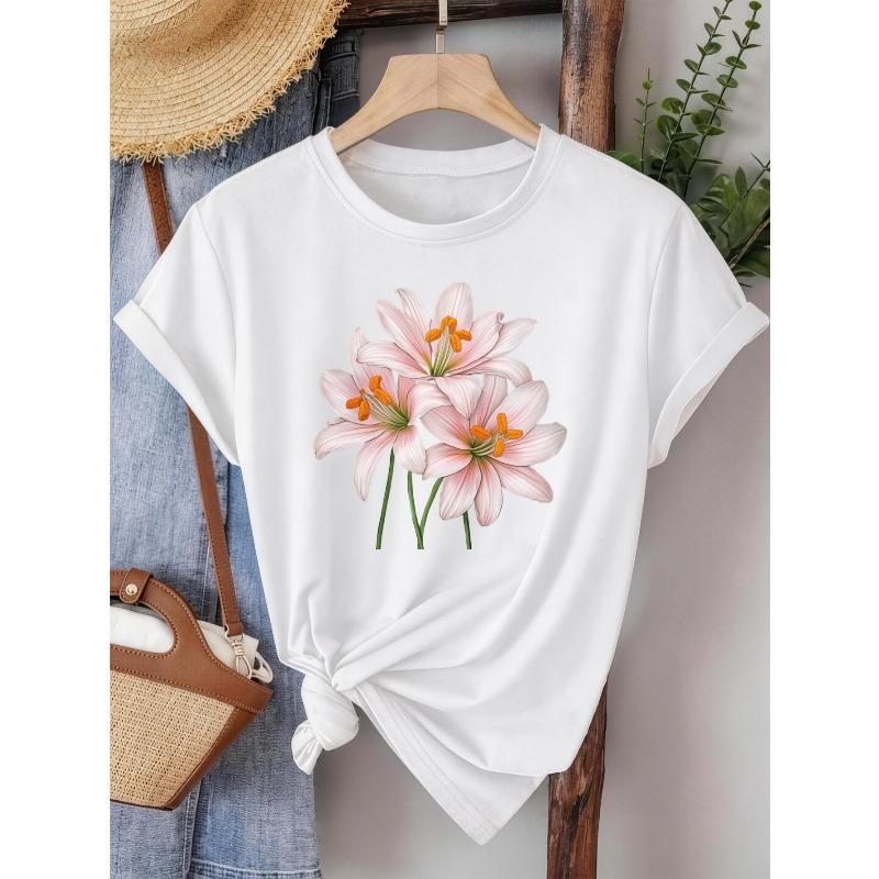 Women's Summer Tops Casual Short Sleeve T Shirt Pink Lily Flower Print Design Casual & Themed Event Stretchy Fabric