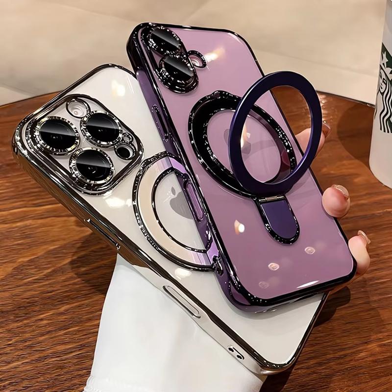 Transparent Plating For Magsefa Case For iPhone 16 15 14 13 12 11 Pro Max 14 15 16 Plus Wireless Charging Ring Stand Phone Cover