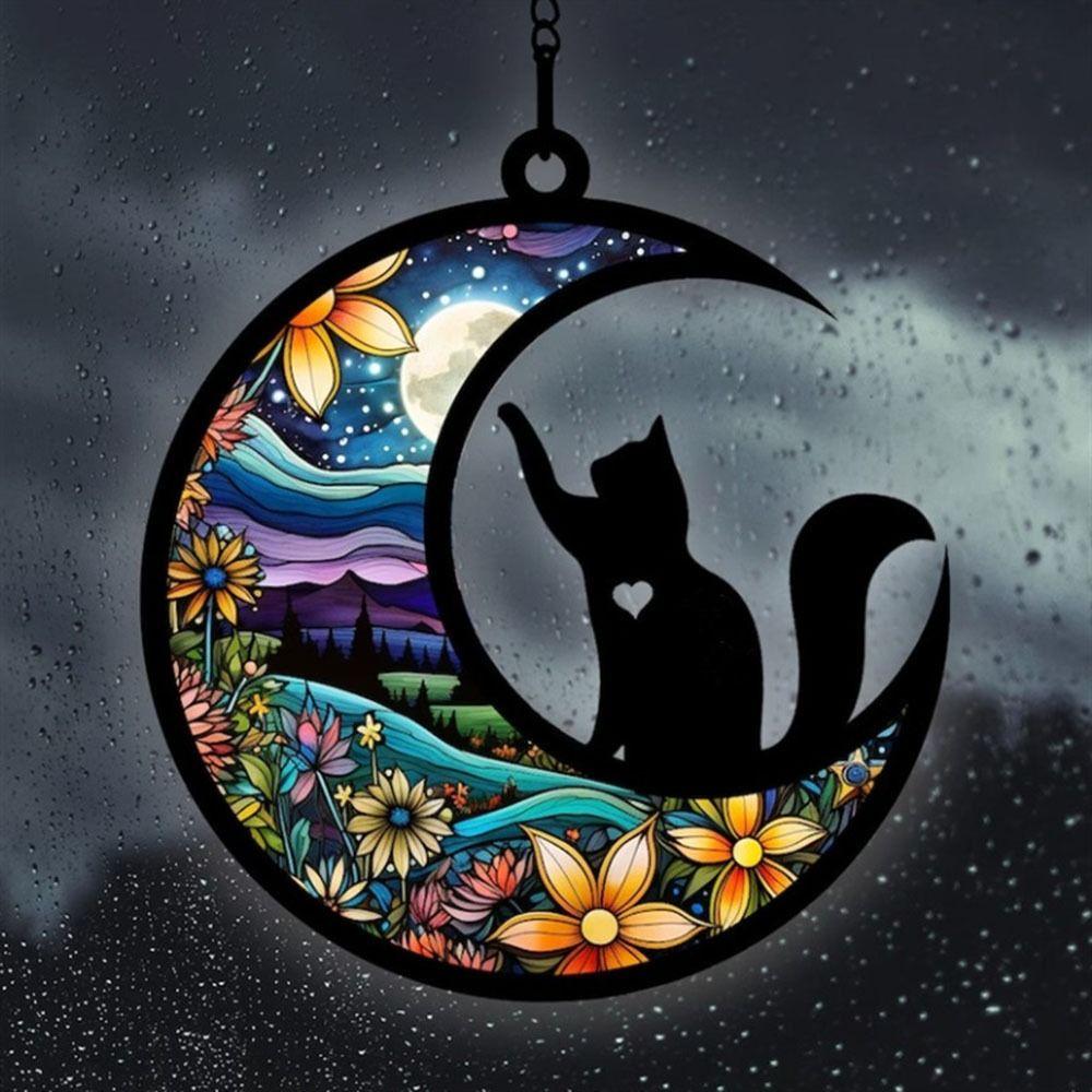 Acrylic Moon Shaped Cat Door Wreaths Home Decor Hanging Cats Garland Halloween Ornament  Halloween