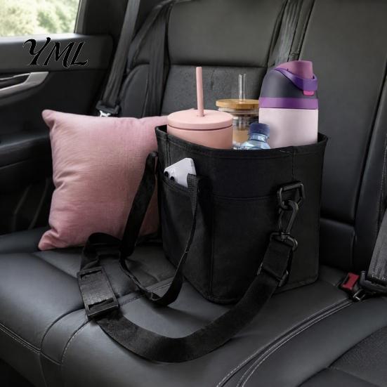 Heavy Duty Beverage Tray for Cups Drink Pouch with Adjustable Strap, Reusable Waterproof 4 Cup Carrier Sturdy Car Seat Holder, Foldable Portable Caddy