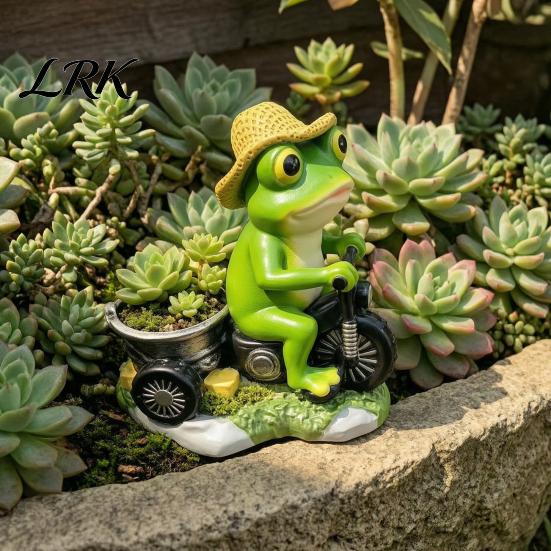 Garden Accessories for Plant Pots Cycling Frog Figurine, Creative Flowerpot, Resin Statue, Weather Resistant Charming Tabletop Decor Succulents