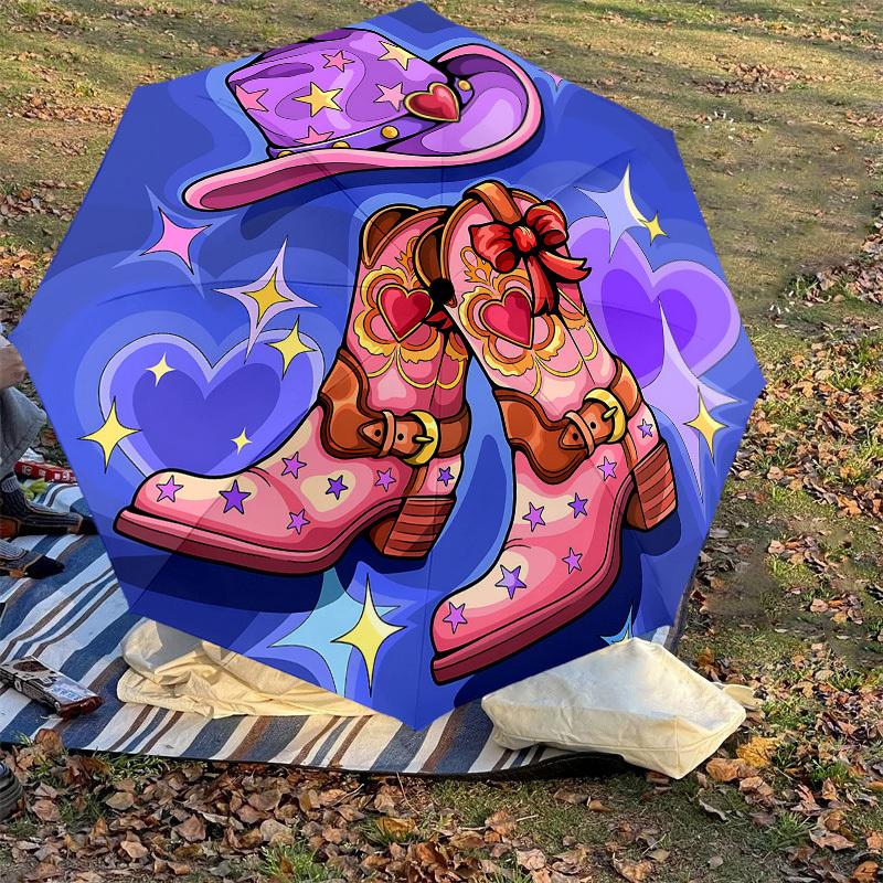 1pc Cowboy Boots Starry Hat Automatic Open/Close Umbrella with Windproof, 8-Rib Sturdy Canopy, Durable Ribs, Fashionable Design1149A
