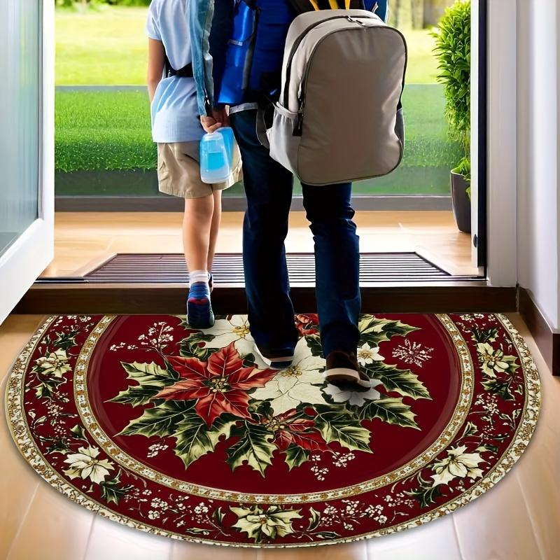 1Pcs Poinsettia Holly Semi Circle Welcome Doormat Non-Slip for Outdoor Patio Porch Kitchen Bathroom Entryway Floor Mat