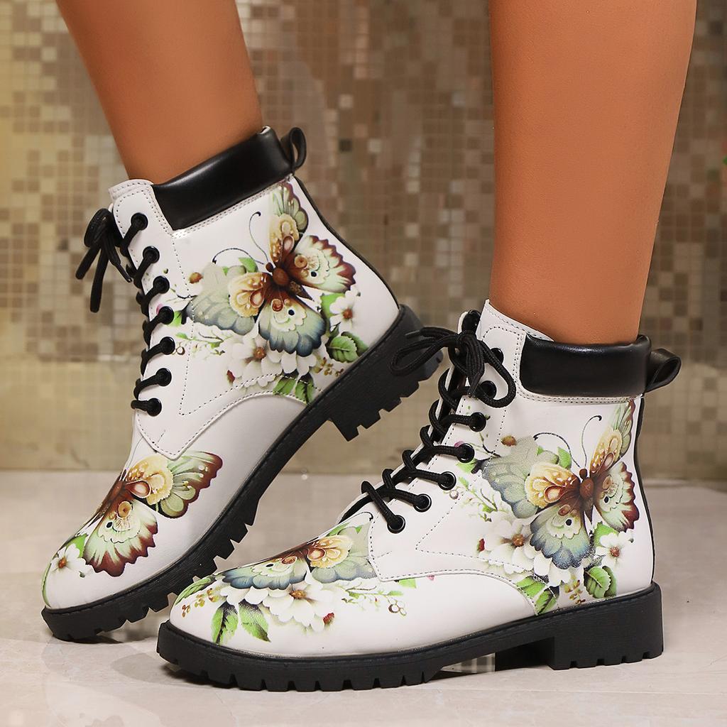 Boots Woman Elegantes Lace Up Low Heel Ankle Botas Mujer Ladies Casual Shoes Retro Round Toe Printing Boot Chelsea Bottes Femmes