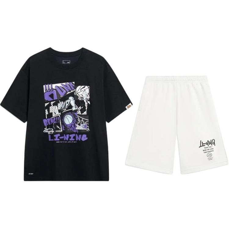 

Li-Ning Letter Print Fashion Personality Comfortable Round Neck Pullover Short Sleeve T-Shirt Casual Sports Suit Unisex Tops YHSU303-2+AKST593-7 S