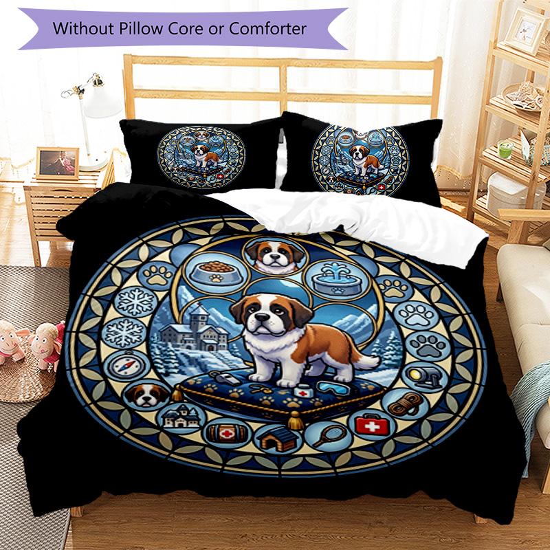 Winter Dog Iconography Pattern Bedding,Quilt Set Quilt Cover Pillowcase Home Birthday Gift (1*duvet Cover+2*pillowcase,without Core)