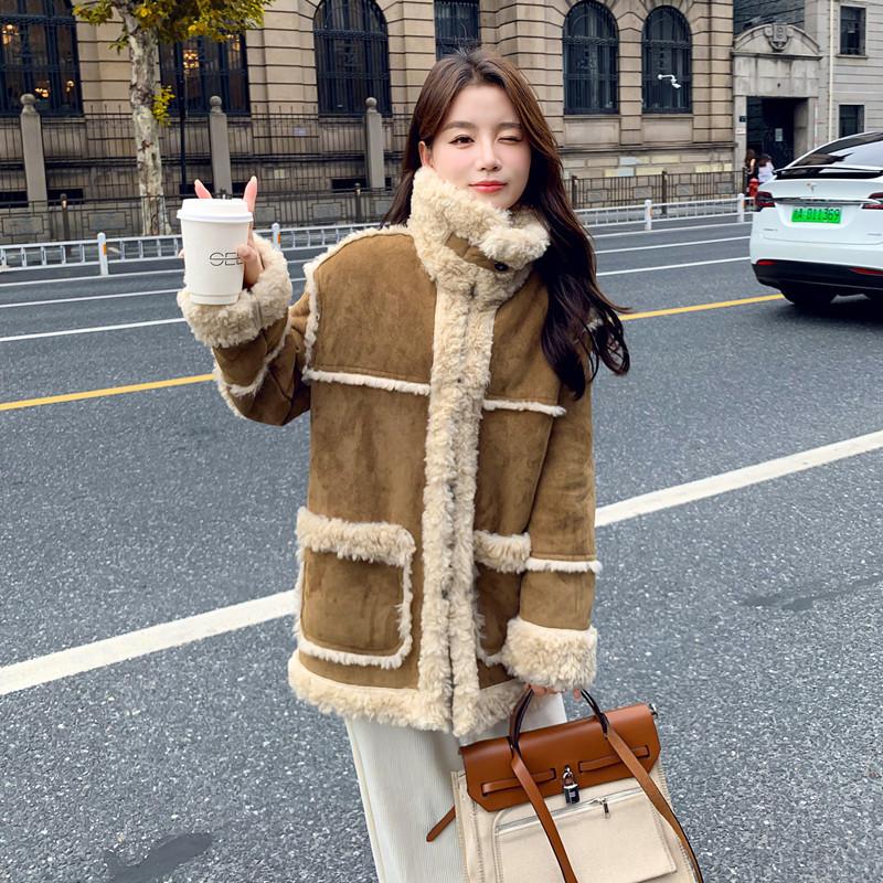 

Шуба из искусственной овчины женская зимняя новая бархатная высококлассная теплая замшевая шерстяная шуба XL хаки