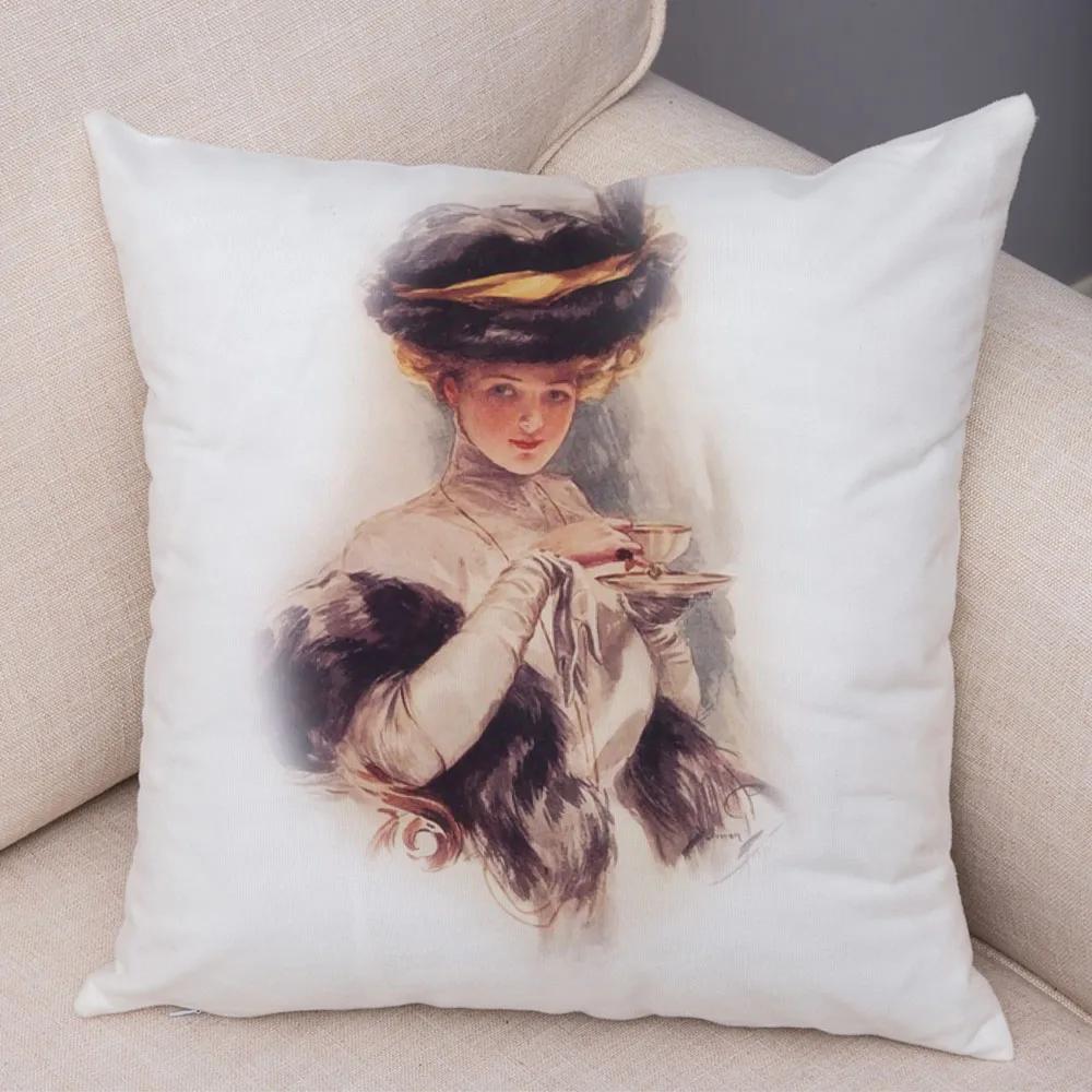 European Lady Cushion Cover Decor Vintage Style Elegant Women Print Pillowcase for Sofa Home Car Soft Plush Pillow Case 45x45cm