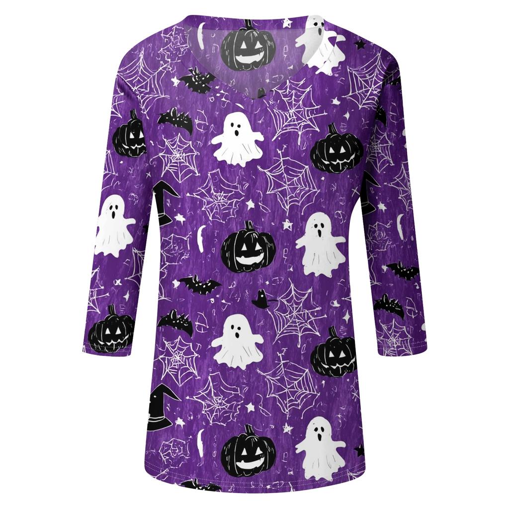 Damen Freizeit Halloween Aufdruck V-Ausschnitt Dreiviertelarm Oberteil Leicht Bequeme Passform Stilvolles Design für den Alltag