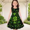 Girls Sleeveless Round Neck Shamrock Clover Printed Dark Green A Line Flared Hem Dress