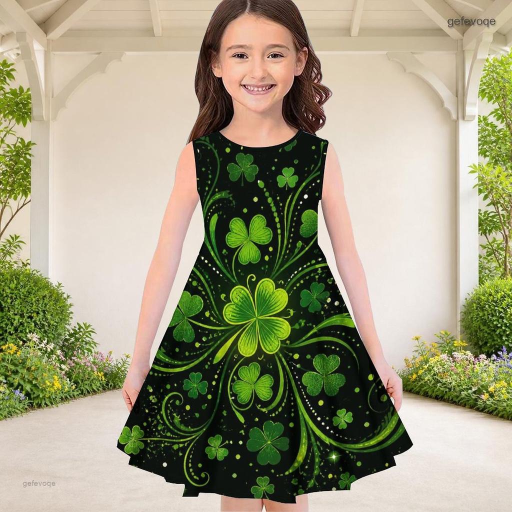 Girls Sleeveless Round Neck Shamrock Clover Printed Dark Green A Line Flared Hem Dress