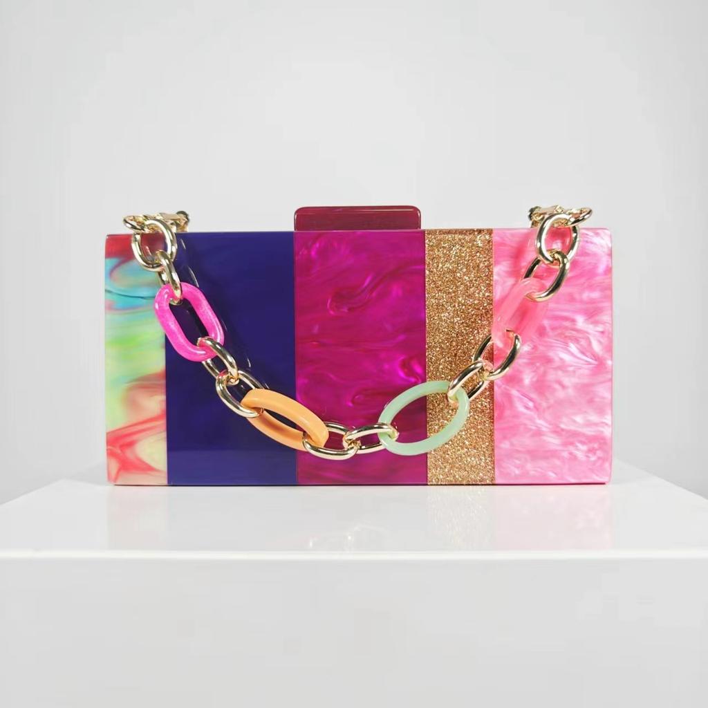 Colorful Striped Rose Red Acrylic Box Clutches Handbag Women Designer Shoulder Messenger Bag Lady Purse Personality Evening Bags